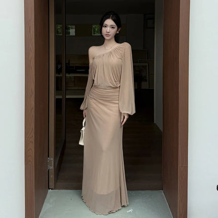 Vestido de malla con hombros inclinados, estilo francés - tugranalmacen.com