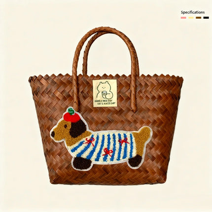 Large capacity sausage dog hand woven cabbage basket rattan woven handbag office miscellaneous carry bag picnic women's bag - tugranalmacen.com