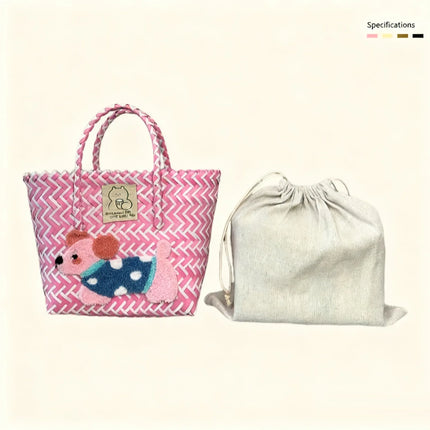 Large capacity sausage dog hand woven cabbage basket rattan woven handbag office miscellaneous carry bag picnic women's bag - tugranalmacen.com