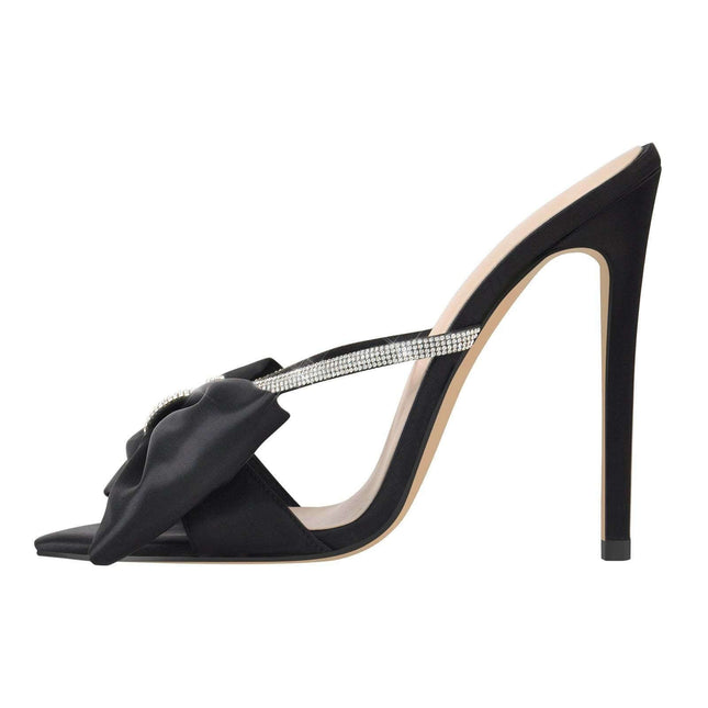 Sandalias de tacón alto negras con lazo grande, detalles brillantes, estilo elegante, Sandalias de tacón alto y lazo grande p