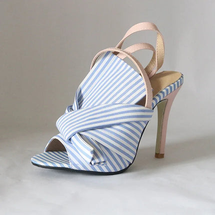 Sandalias de tacón alto con boca de pez y lazo a rayas azules y blancas, material textil