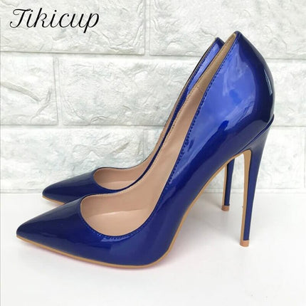 Zapatos de tacón de aguja en charol azul oscuro para mujer