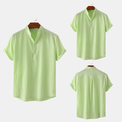 Camisa de algodón y lino con cuello mao y patrón floral para hombre