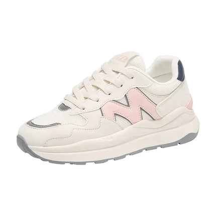 Zapatillas deportivas transpirables de malla con punta, blanco y rosa, estilo casual, suela gruesa