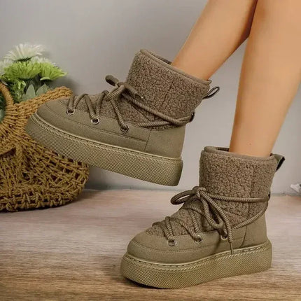 Botas de nieve mujer suela gruesa tiras cruzadas beige tejido lana estilo casual