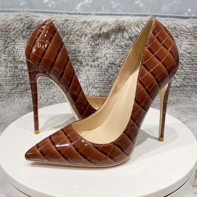 Zapatos de tacón café efecto cocodrilo para mujer, elegantes y modernos, tugranalmacen.com