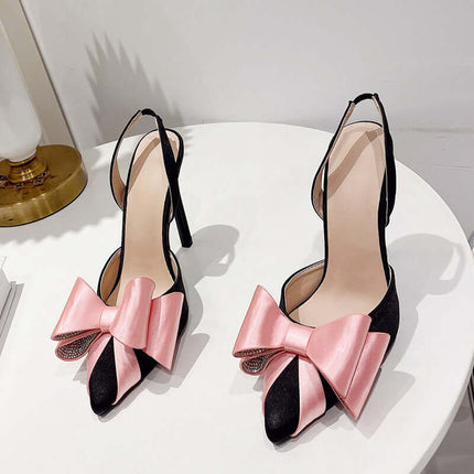 Sandalias de tacón con pajarita, combinación de negro y rosa, material satinado, elegantes y sofisticadas