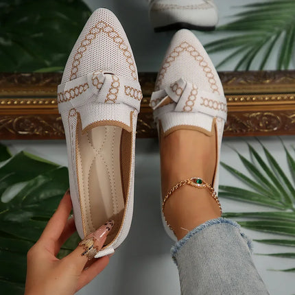 Mocasines sencillos y frescos de suela plana para mujer, color blanco, tejido trenzado, estilo casual