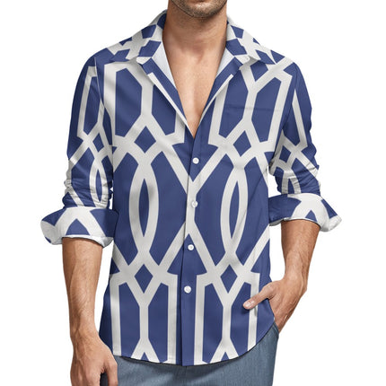 Camisa de Hombre Manga Larga y Patrón Geométrico Azul Blanco