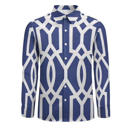 Camisa de Hombre Manga Larga y Patrón Geométrico Azul Blanco