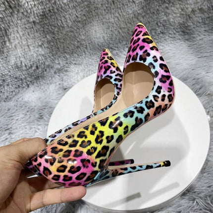 Zapatos de tacón alto con estampado de leopardo rosa mujer, multicolor, charol, estilo moderno