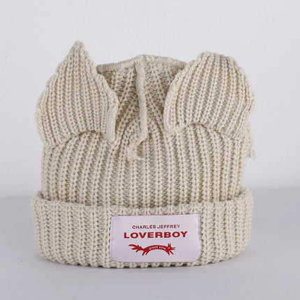 Gorro de lana con orejas engrosadas de doble capa, gorro de punto cálido de color sólido para otoño e invierno. - tugranalmacen.com