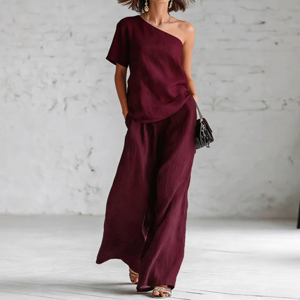 Conjunto bohemio de top hombros descubiertos y pantalones anchos