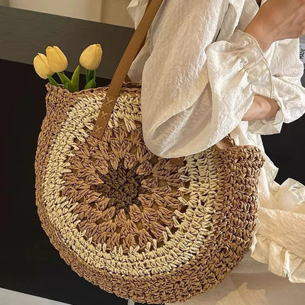 Paper rope hollow out colorful round plate grass woven bag casual beach bag one shoulder fashionable woven bag - tugranalmacen.com