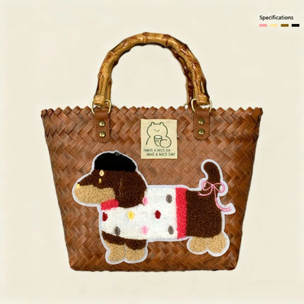 Large capacity sausage dog hand woven cabbage basket rattan woven handbag office miscellaneous carry bag picnic women's bag - tugranalmacen.com