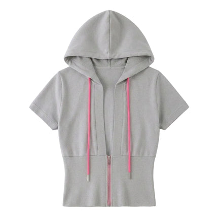 Sudadera Crop de Mujer con Capucha  y Cremallera Gris Cordones Rosa