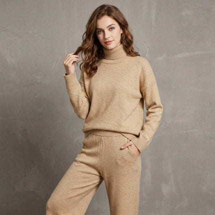 Conjunto de suéter holgado de cuello alto y pantalón de mujer