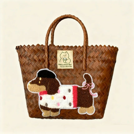 Large capacity sausage dog hand woven cabbage basket rattan woven handbag office miscellaneous carry bag picnic women's bag - tugranalmacen.com