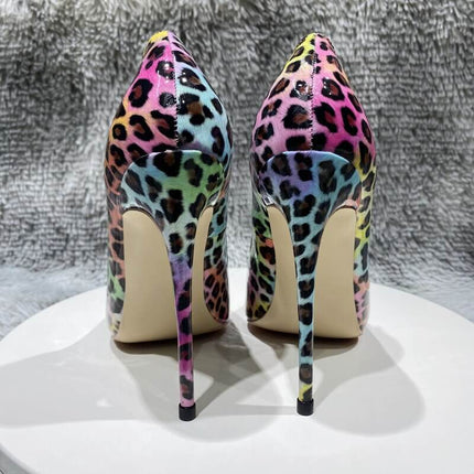 Zapatos de tacón alto con estampado de leopardo rosa mujer, multicolor, charol brillante, estilo elegante