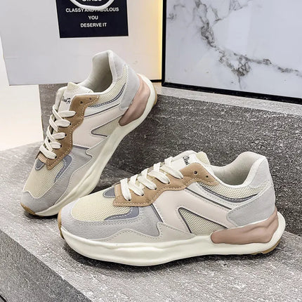 Zapatillas casuales de mujer con suela Flex, deportivas blancas y beige, material sintético y malla