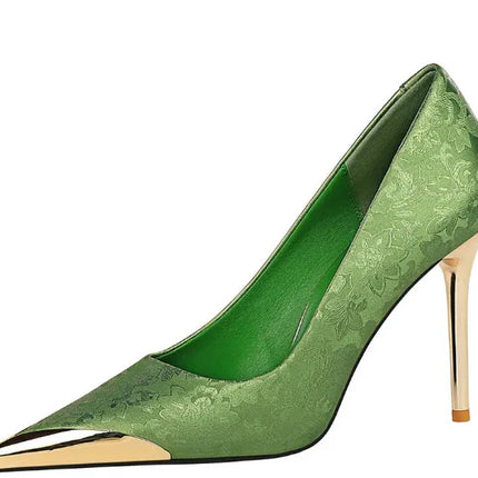 Tacones altos Big-Tree en seda verde con punta dorada, estilo elegante