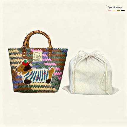 Large capacity sausage dog hand woven cabbage basket rattan woven handbag office miscellaneous carry bag picnic women's bag - tugranalmacen.com