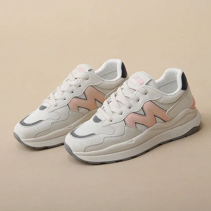 Zapatillas deportivas transpirables de malla con punta, color blanco y rosa, estilo casual, material sintético