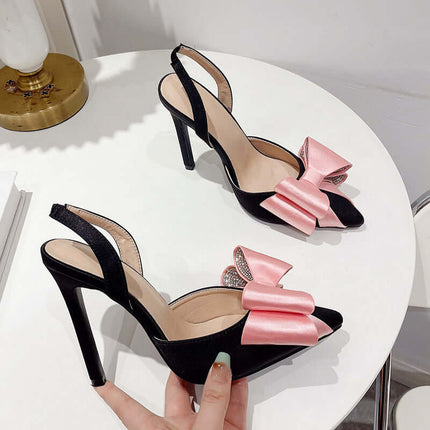 Sandalias de tacón con pajarita, negras y rosas, de satén, elegantes, estilo sofisticado