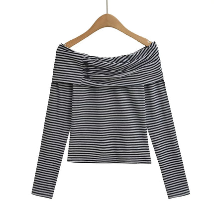 Camiseta a rayas con botones, de manga larga y hombros descubiertos - tugranalmacen.com