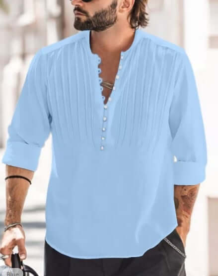 Camisa casual de hombre de algodón y lino sin cuello