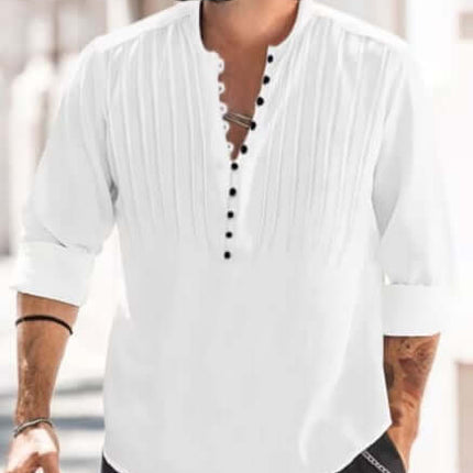 Camisa casual de hombre de algodón y lino sin cuello