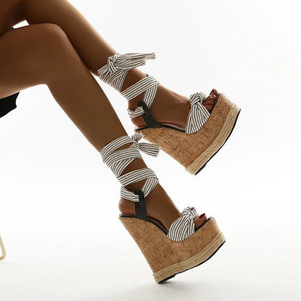 Sandalias de tacón alto cómodas con tacón Mahjong, rayas blancas y negras, plataforma de corcho, estilo casual