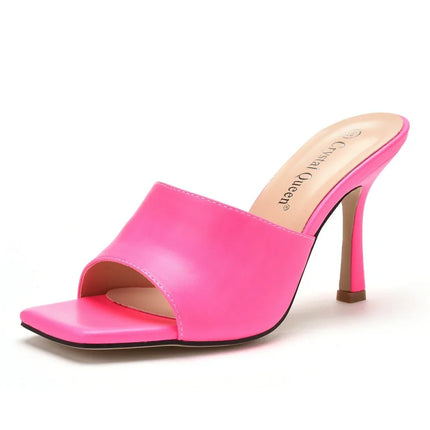 Sandalias Crystal Queen de tacón alto, color rosa, punta cuadrada, material sintético, estilo elegante