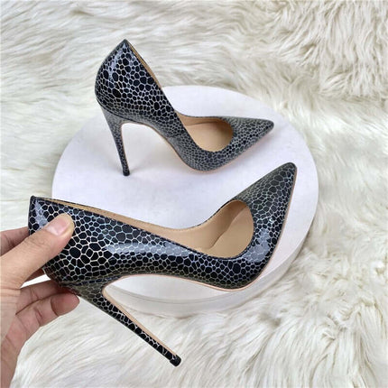 Zapatos de tacón alto, estampado geométrico negro, charol, elegantes, Zapatos de tacón alto con estampado geométrico en charo