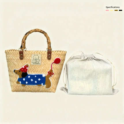 Large capacity sausage dog hand woven cabbage basket rattan woven handbag office miscellaneous carry bag picnic women's bag - tugranalmacen.com