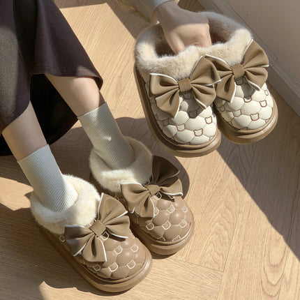 Pantuflas Fun-Mingsheng de algodón y terciopelo, marrón y beige, con lazo, estilo acogedor
