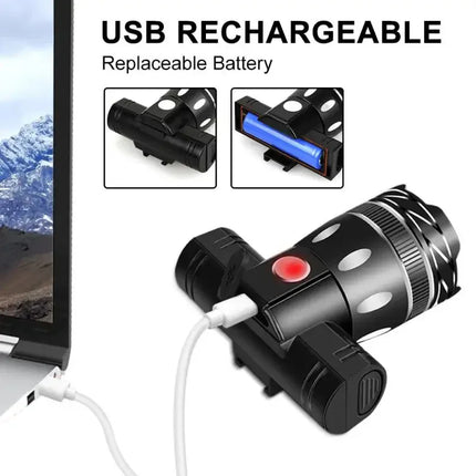 Linterna frontal LED T6 para bicicleta - Recargable - USB - 2400 mAh