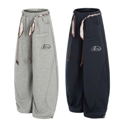 Pantalones anchos de mujer con cinturón decorativo Run-Teng