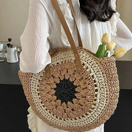 Paper rope hollow out colorful round plate grass woven bag casual beach bag one shoulder fashionable woven bag - tugranalmacen.com