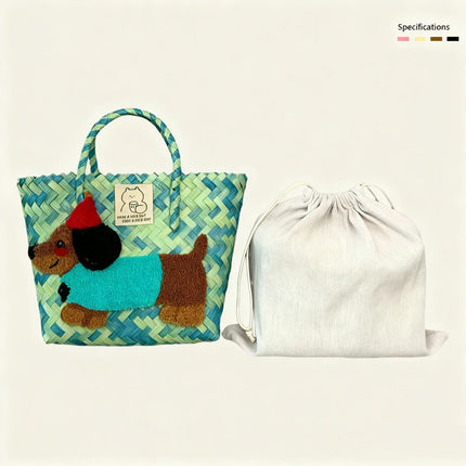 Large capacity sausage dog hand woven cabbage basket rattan woven handbag office miscellaneous carry bag picnic women's bag - tugranalmacen.com