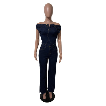 Mono denim sin tirantes azul oscuro para mujer