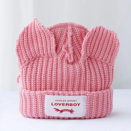 Gorro de lana con orejas engrosadas de doble capa, gorro de punto cálido de color sólido para otoño e invierno. - tugranalmacen.com