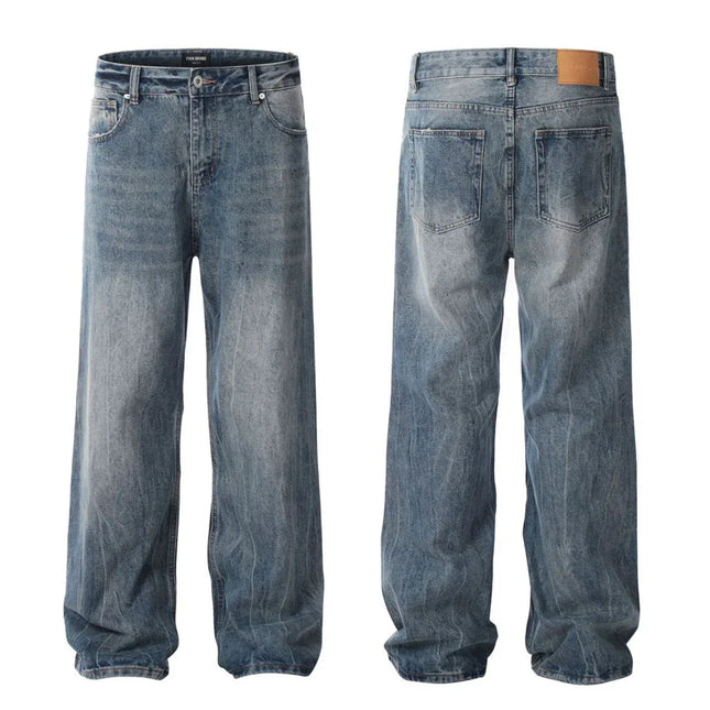 Blue Flared Denim Pants for Men and Women Simple Clean Fit with Gathered Loose Straight Leg Casual Long Pants - tugranalmacen.com