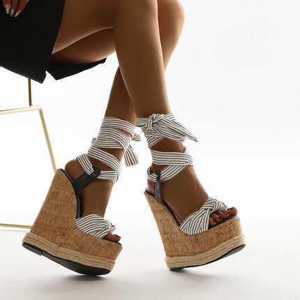 Sandalias de tacón alto cómodas con tacón Mahjong, color blanco a rayas, plataforma de corcho, estilo veraniego