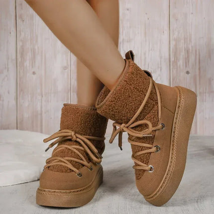 Botas de nieve mujer marrones, suela gruesa, tiras cruzadas, material peluche, estilo casual