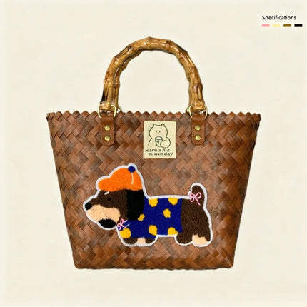 Large capacity sausage dog hand woven cabbage basket rattan woven handbag office miscellaneous carry bag picnic women's bag - tugranalmacen.com