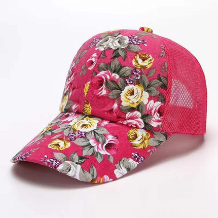 Gorra de béisbol floral roja con visera curva ajustable