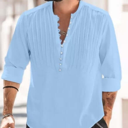 Camisa casual de hombre de algodón y lino sin cuello