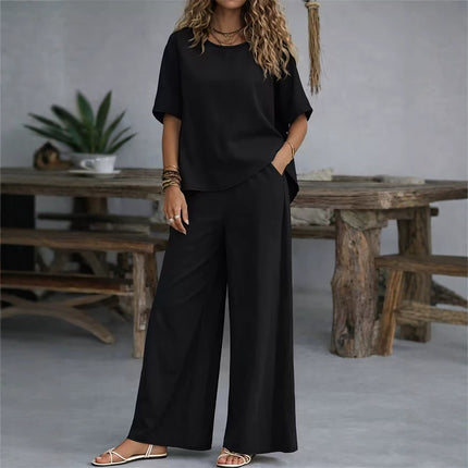Conjunto de dos piezas con pantalones anchos de lino y algodón
