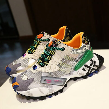 Zapatillas deportivas suela gruesa multicolor, tela transpirable, estilo moderno, Zapatillas deportivas de mujer